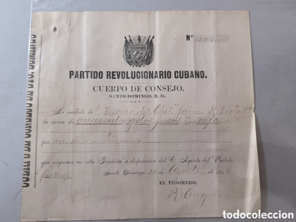 Billetes extranjeros: Cuba, guerra de cuba,recibo de pago al partido revolucionario cubano,cuerpo consejo santo domingo