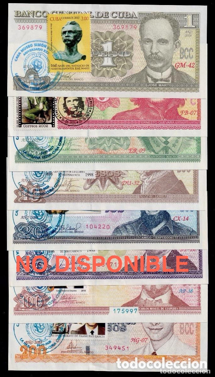 Notas Internacionais: CUBA 1/3/5/10/20/100/200 PESOS 2017/05/19/16/15/23/23 UNC/SC CONMEMORATIVOS CON SELLOS