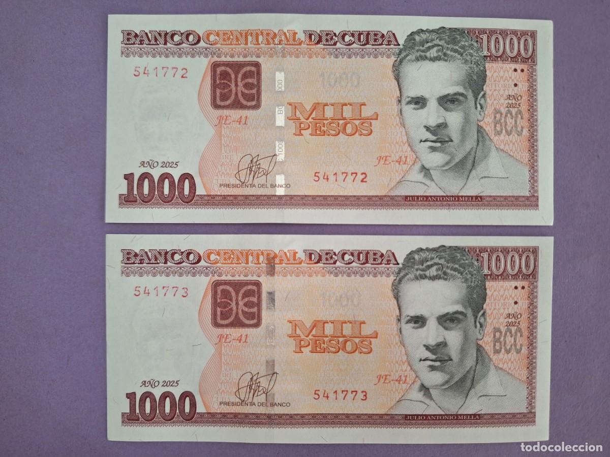 Billetes extranjeros: 2 BILLETES CORRELATIVOS 1000 PESOS BANCO CENTRAL DE CUBA A&Ntilde;O 2025 FIRMA PRESIDENTA S/C