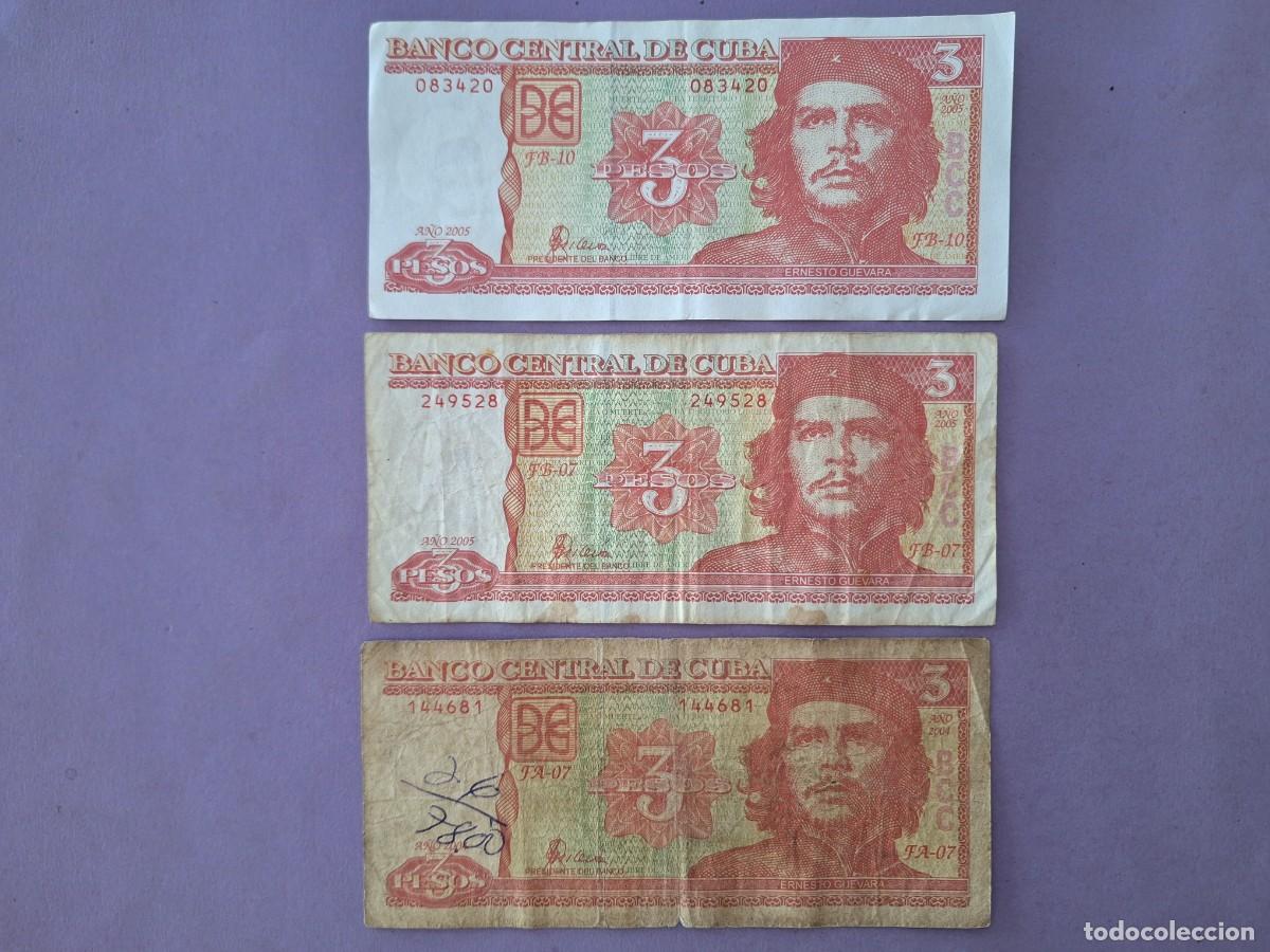 Billetes extranjeros: 3 BILLETES 3 PESOS BANCO CENTRAL DE CUBA A&Ntilde;O 2004 2005 CHE GUEVARA