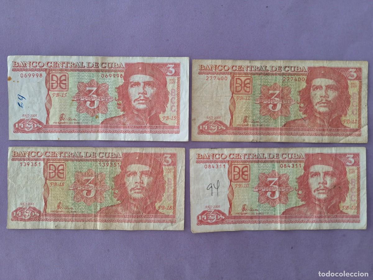 Billetes extranjeros: 4 BILLETES 3 PESOS BANCO CENTRAL DE CUBA A&Ntilde;O 2005 CHE GUEVARA