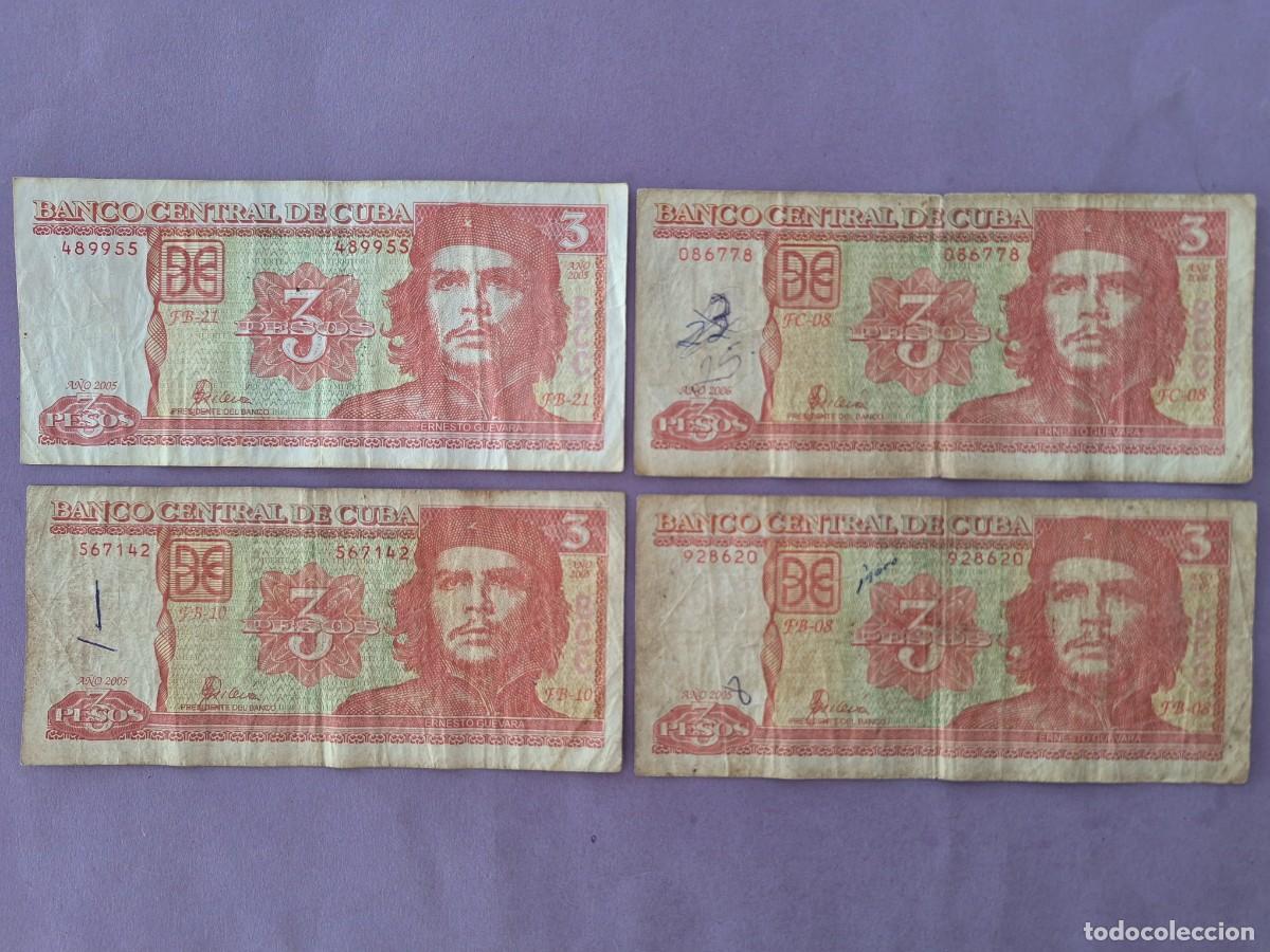 Billetes extranjeros: 4 BILLETES 3 PESOS BANCO CENTRAL DE CUBA A&Ntilde;O 2005 CHE GUEVARA
