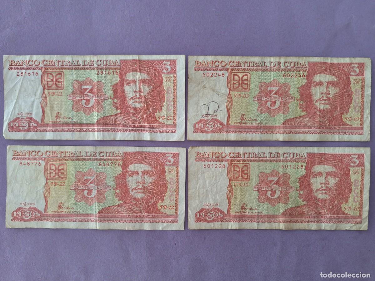 Billetes extranjeros: 4 BILLETES 3 PESOS BANCO CENTRAL DE CUBA A&Ntilde;O 2005 CHE GUEVARA