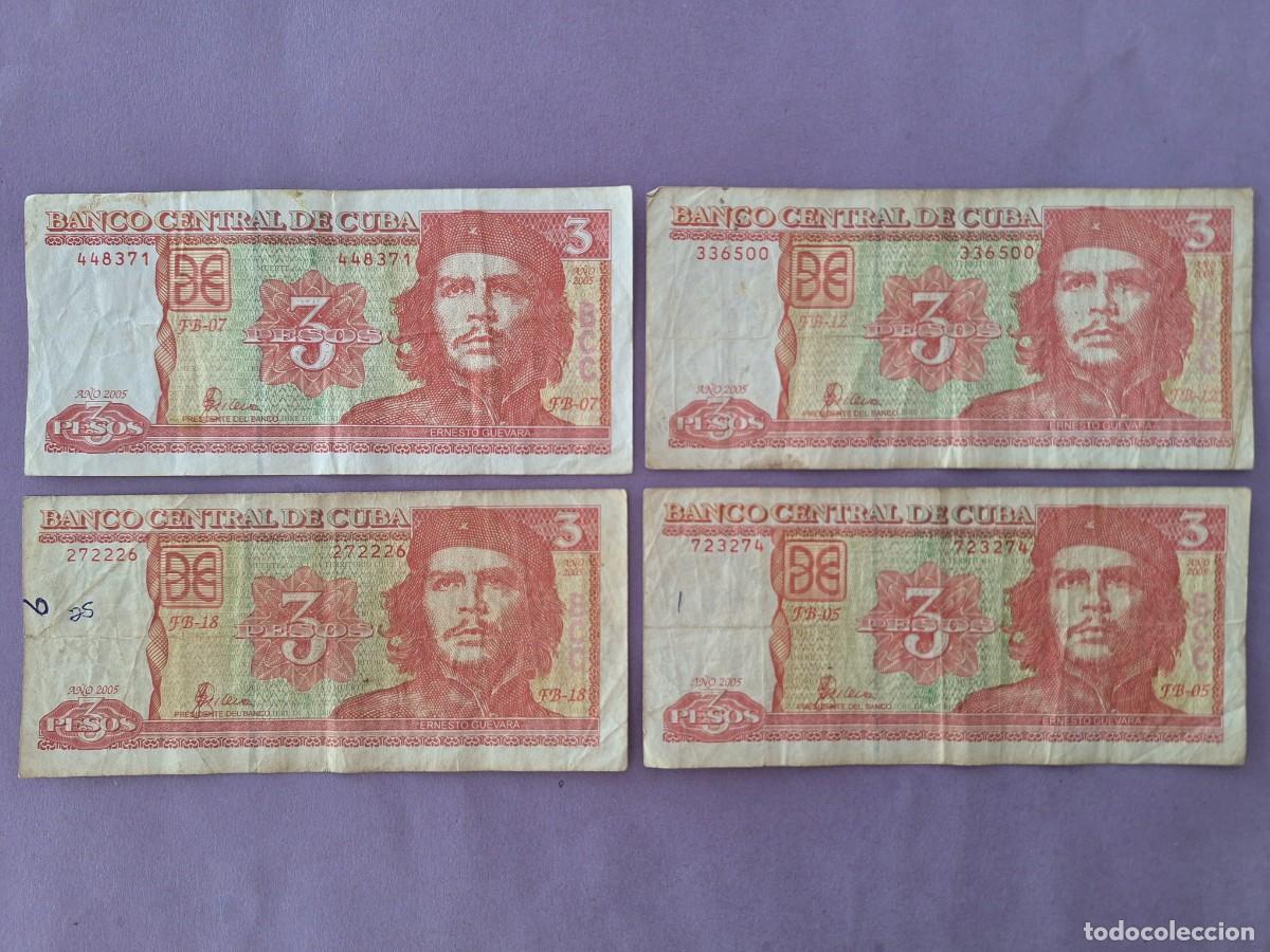 Billetes extranjeros: 4 BILLETES 3 PESOS BANCO CENTRAL DE CUBA A&Ntilde;O 2005 CHE GUEVARA