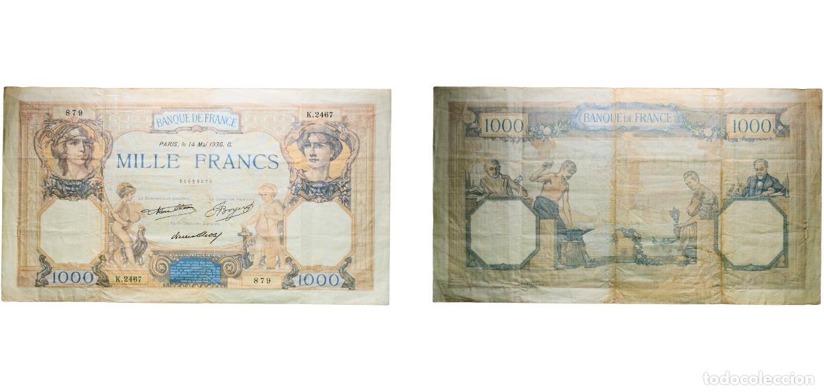 Billetes extranjeros: France Third Republic 1936 1000 Francs (C&eacute;r&egrave;s and Mercure) Paper (6000000) VF P 79 Fay 37 BDF 1927