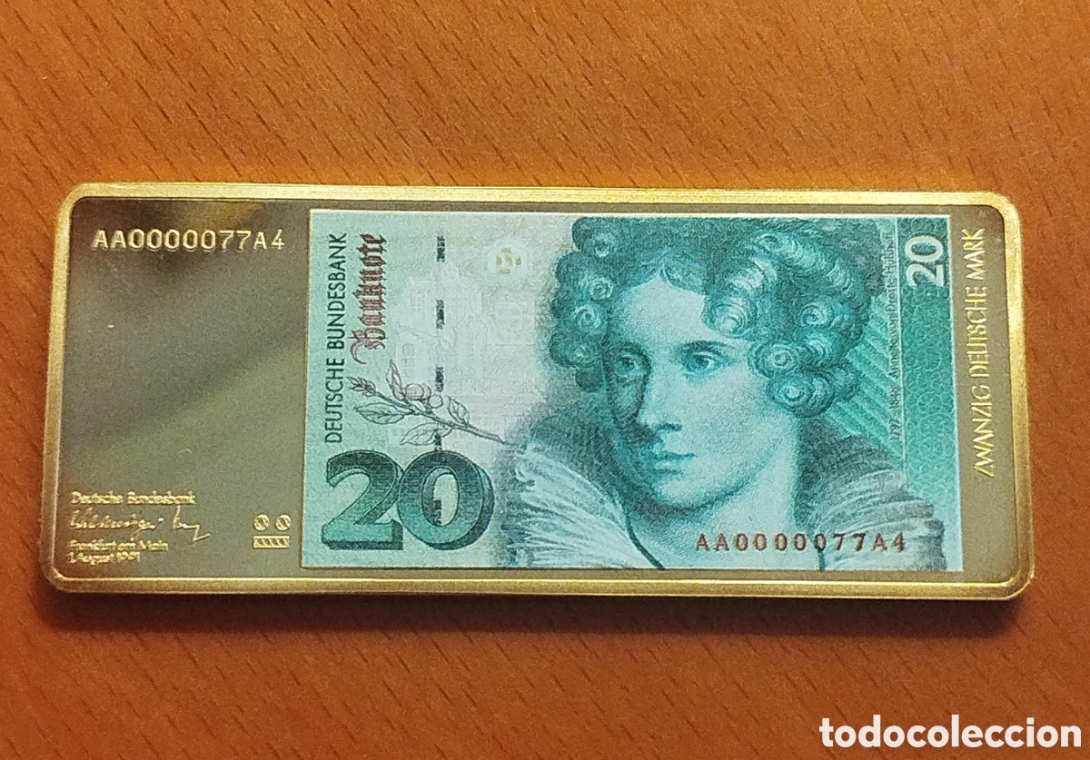 Billetes extranjeros: Lingote Conmemorativo Billete 20 Marcos Alemanes &ndash; Ba&ntilde;ado en Oro de 24K