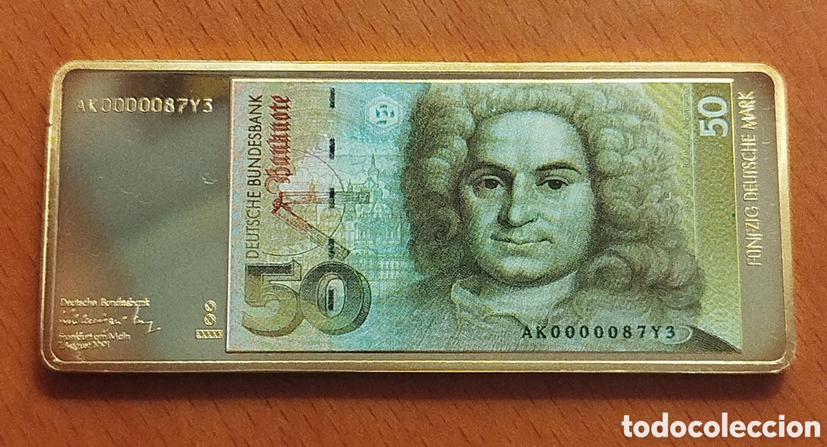 Billetes extranjeros: Lingote Conmemorativo Billete 50 Marcos Alemanes &ndash; Ba&ntilde;ado en Oro de 24K