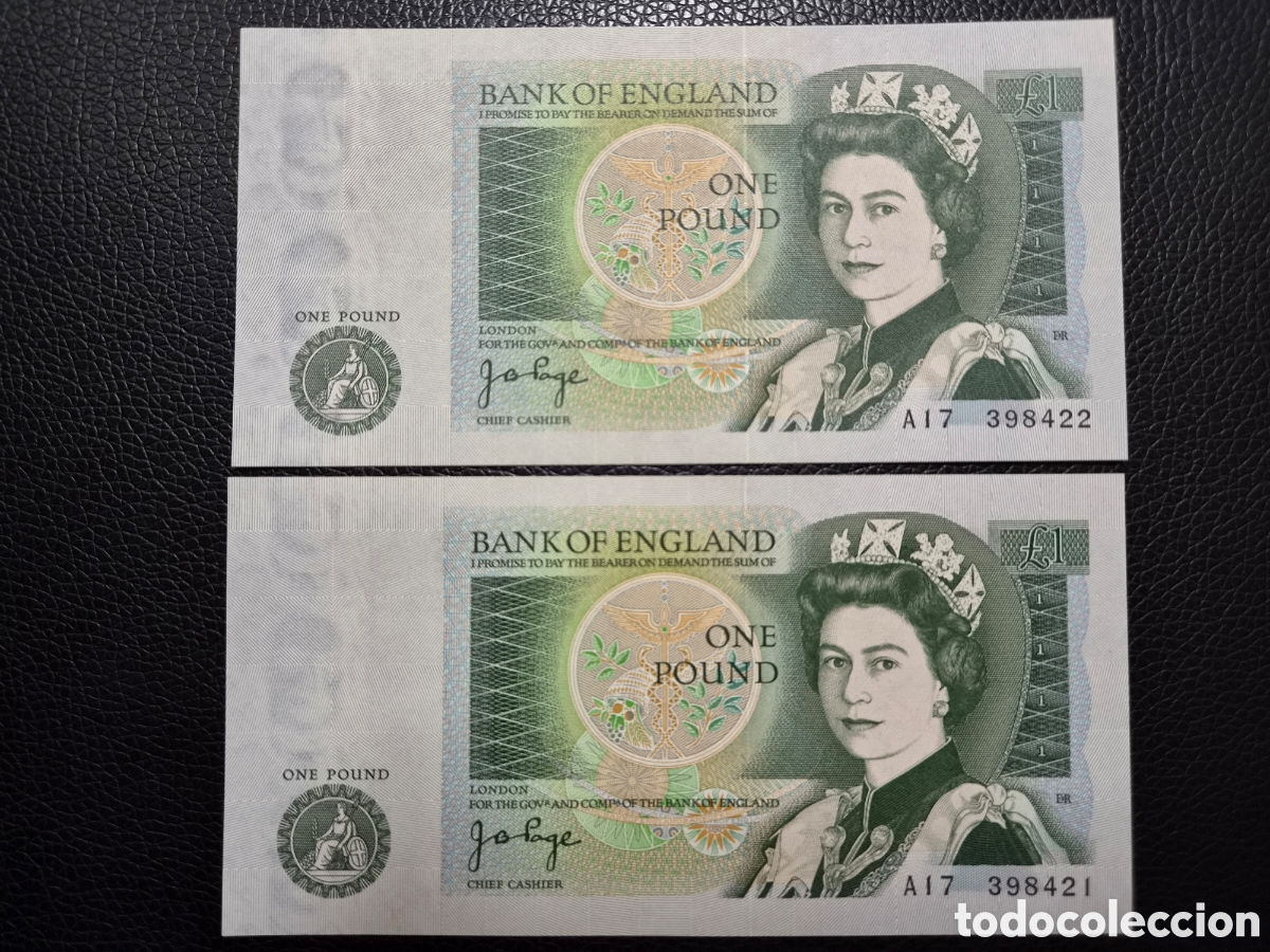 Billetes extranjeros: Reino Unido 1 Pound 1978 Sin Circular pareja correlativa Elisabeth II