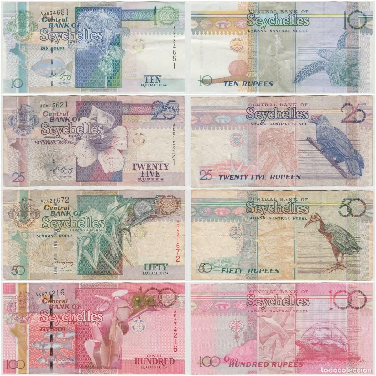 Billetes extranjeros: Seychelles Set 4 pcs 10 25 50 100 Rupias 1998-2013 Circulados (ver las fotos)