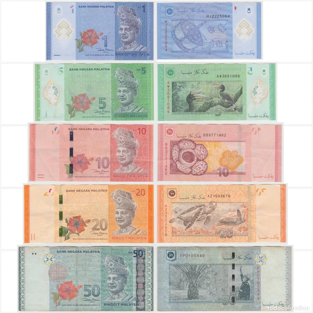 Billetes extranjeros: Malasia Set 5 pcs 1 5 10 20 y 50 Ringgit 2009-2021 Circulados (los billetes de las fotos)