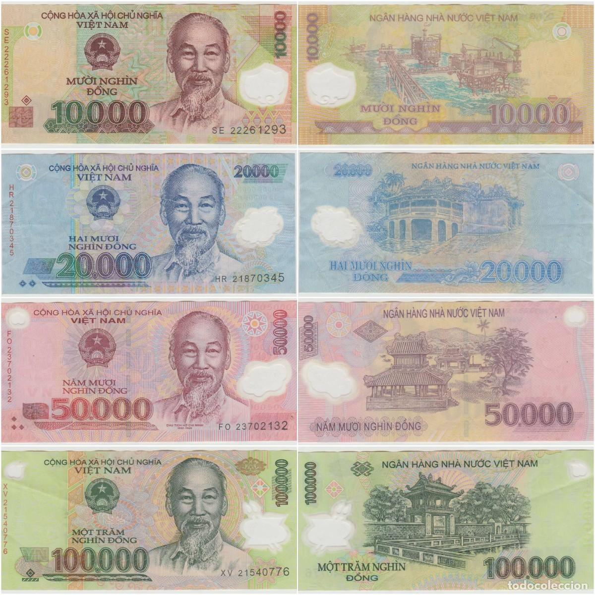 Billetes extranjeros: Vietnam Set 4 pcs 10000 20000 50000 100000 Dong 2021-2023 Pol&iacute;meros Circulados (los de las fotos)