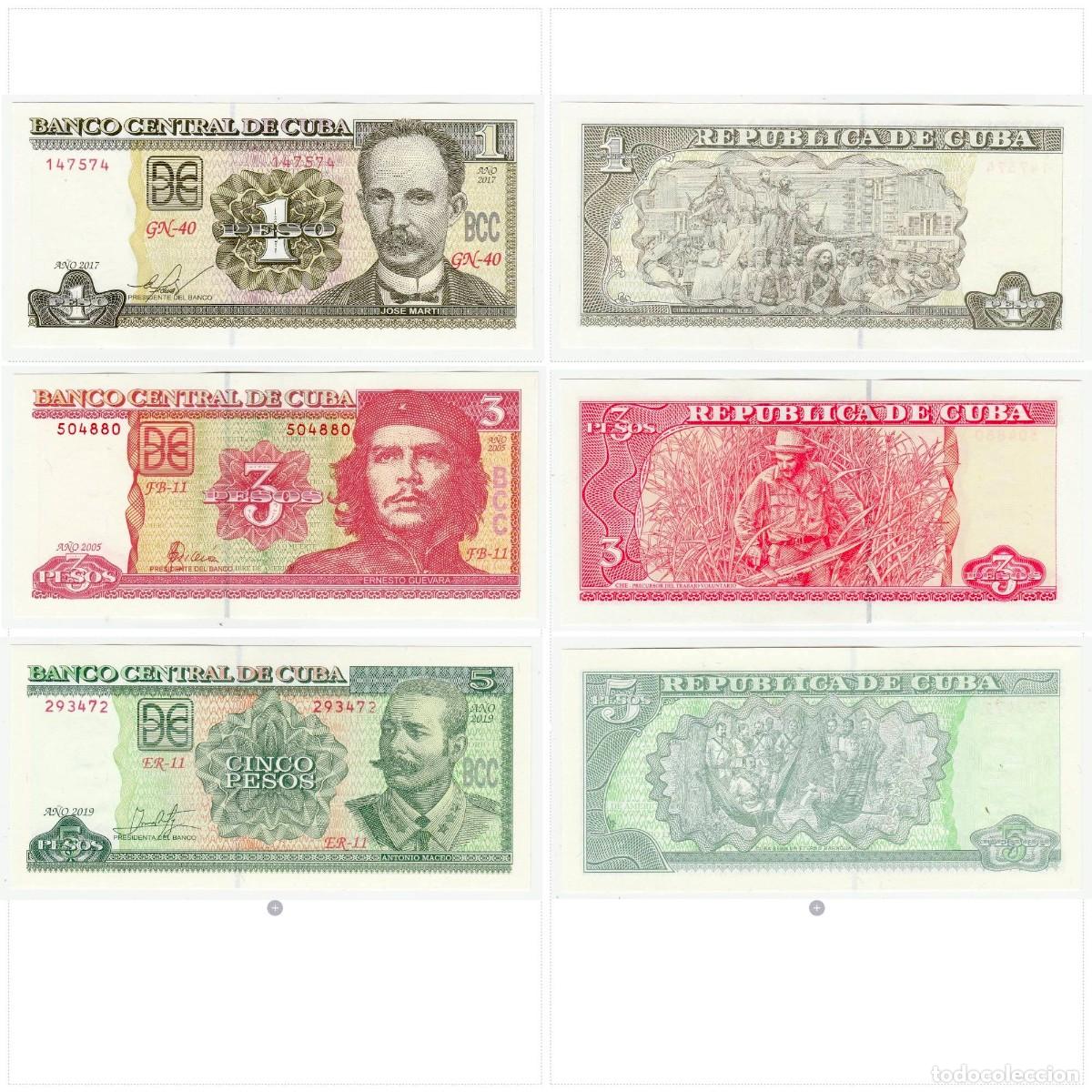 Billetes extranjeros: CUBA SET 3 PCS 1 3 y 5 PESOS 2005-2019 SIN CIRCULAR