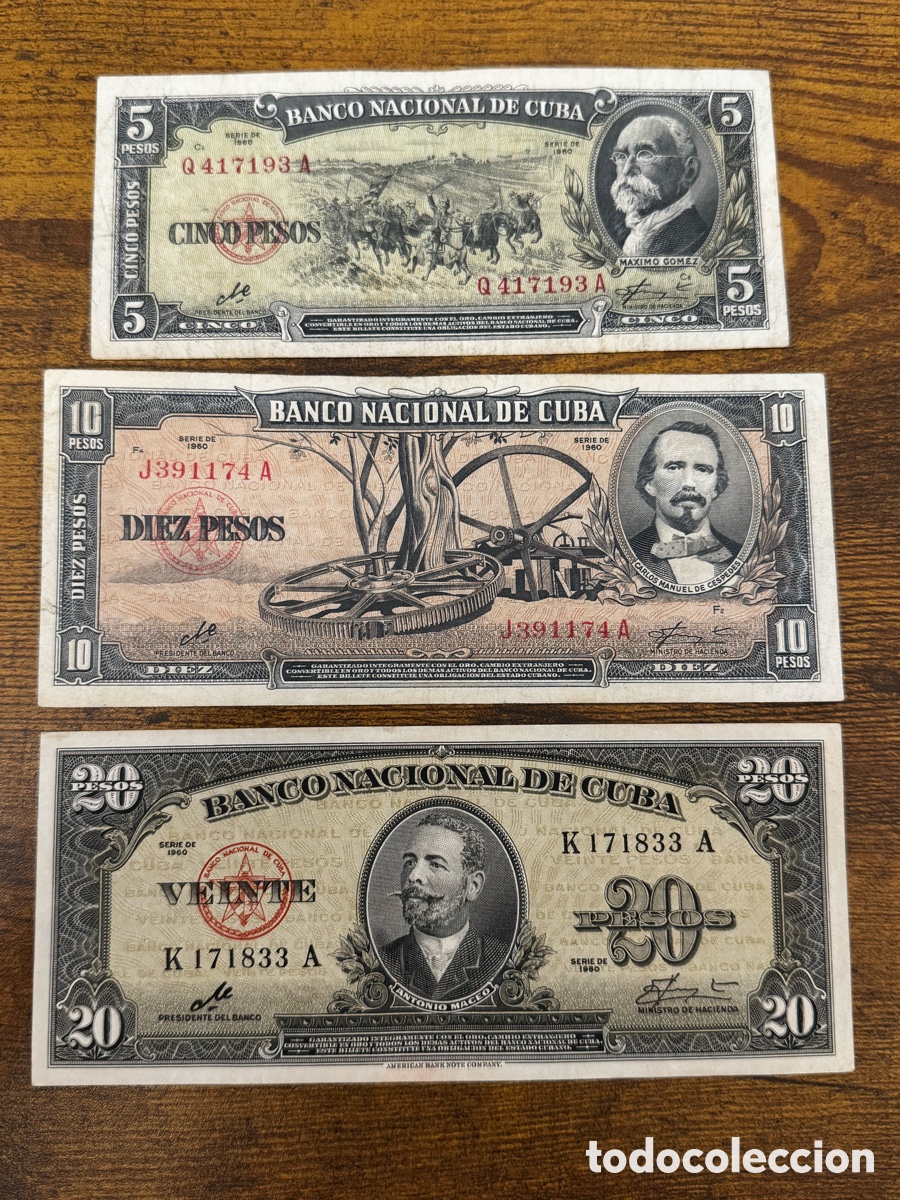 Billetes extranjeros: Lote de 3 billetes 5, 10 y 20 pesos 1960 Firma Che Guevara. Cuba. Circulados