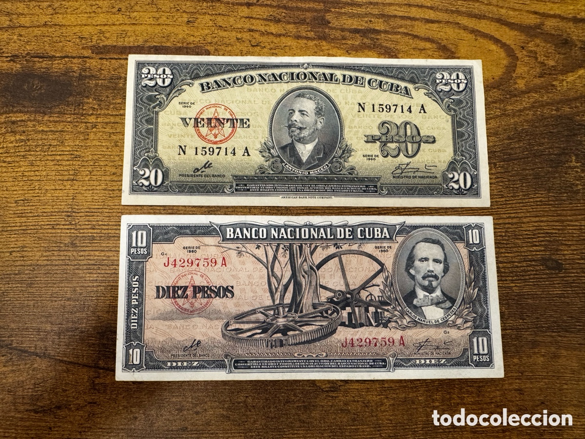 Billetes extranjeros: Lote de 2 billetes 10 y 20 pesos 1960 Firma Che Guevara. Cuba. Circulados