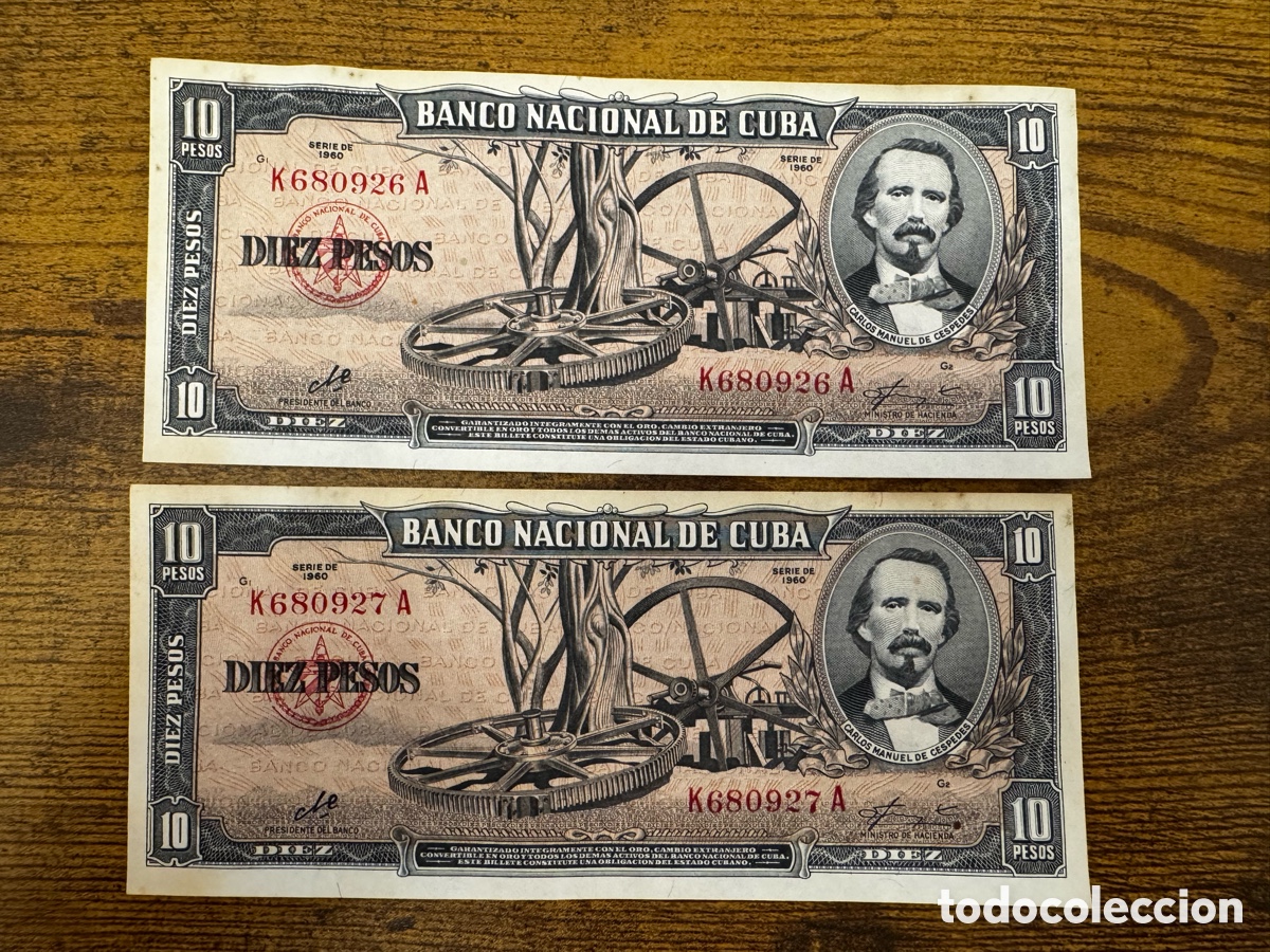 Billetes extranjeros: Lote de 2 billetes de 10 pesos 1960 Firma Che Cuba. Correlativos. No circularon, muestran humedad