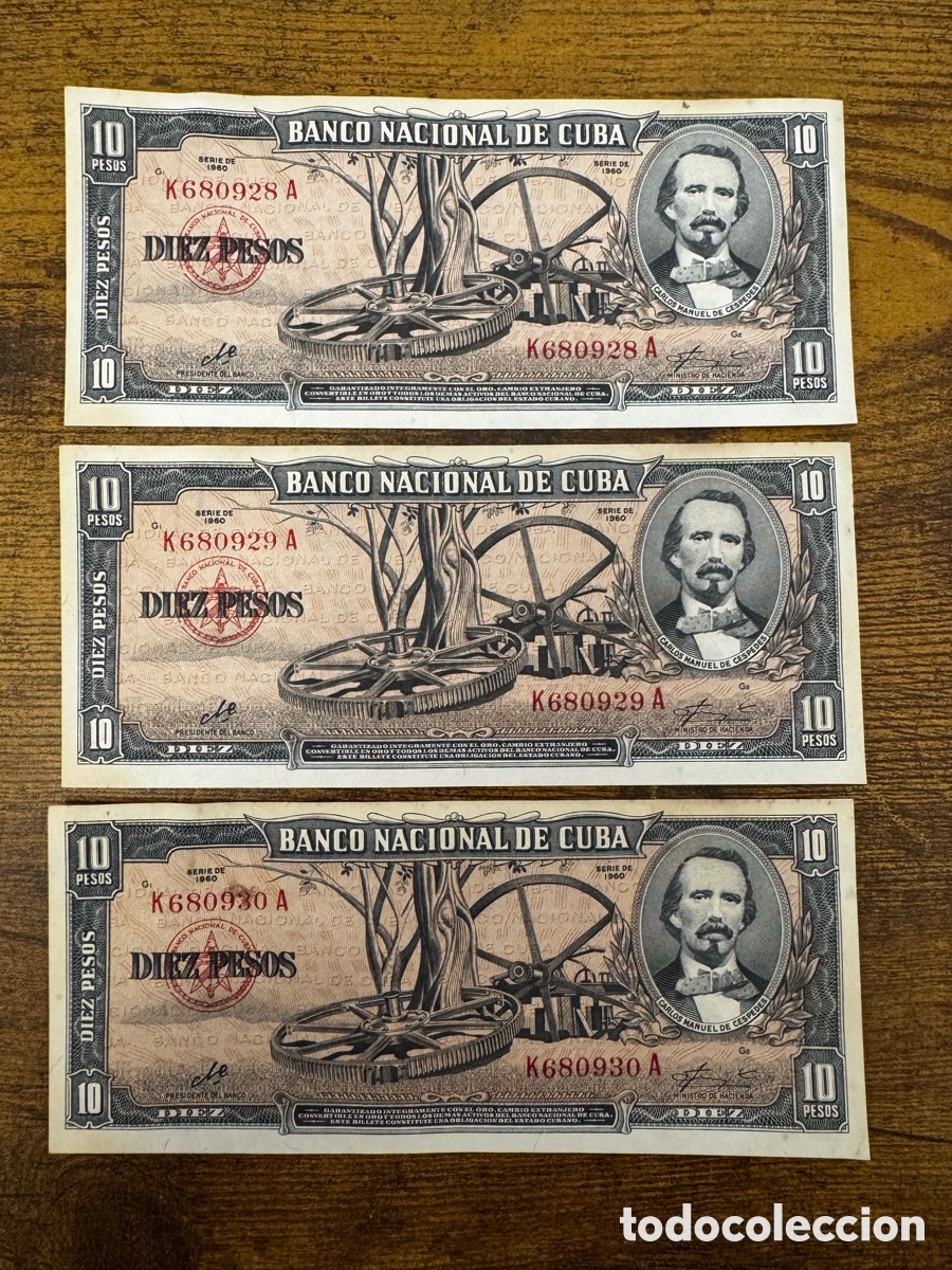Billetes extranjeros: Lote de 3 billetes de 10 pesos 1960 Firma Che Cuba. Correlativos. No circularon, muestran humedad
