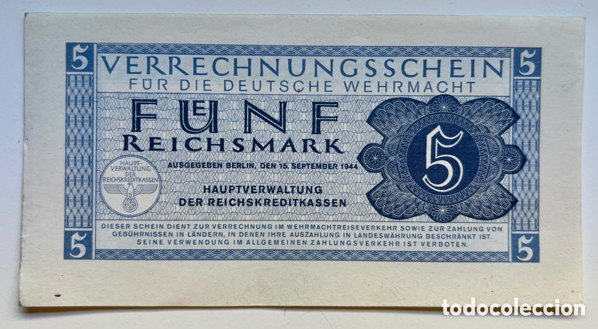 Billetes extranjeros: Billete ALEMANIA NAZI 5 Marcos 1944 . FUERZAS ARMADAS ALEMANAS. Reichsmark.