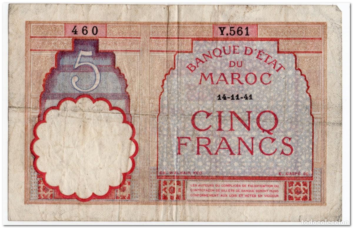 Billetes extranjeros: MOROCCO,5 FRANCS,1941,P.23Ab,VF