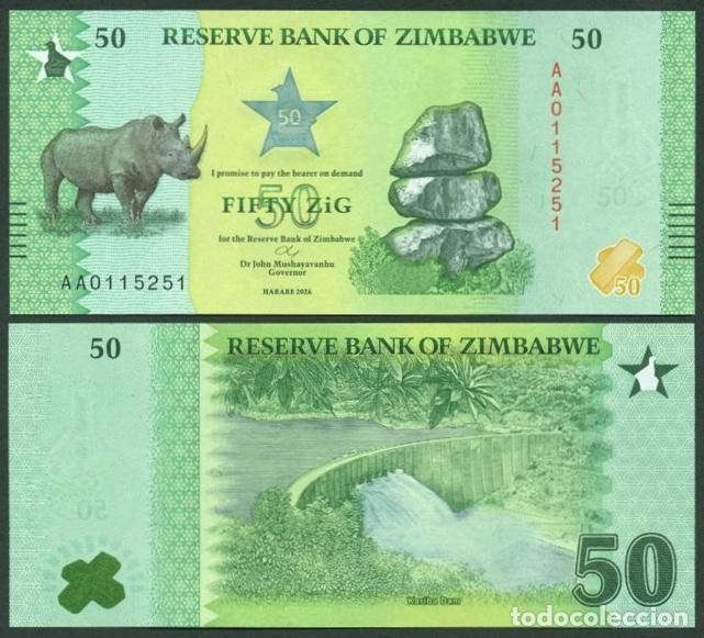 Billetes extranjeros: ZIMBABWE. 50 ZIG 2026. S/C. Fauna, rinoceronte.
