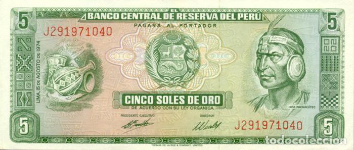 Billetes extranjeros: 5 SOLES DE ORO, 15 DE AGOSTO DE 1974, PERU, SIN CIRCULAR UNC
