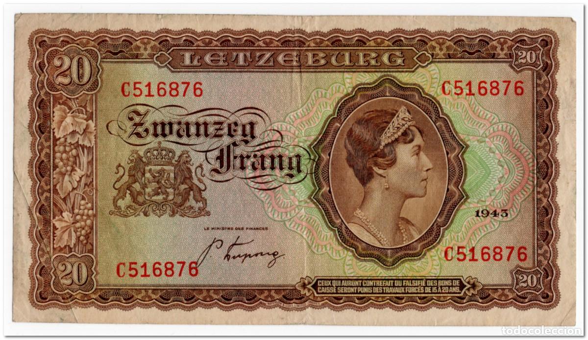 Billetes extranjeros: LUXEMBOURG,20 FRANCS,1943,P.42,VF+
