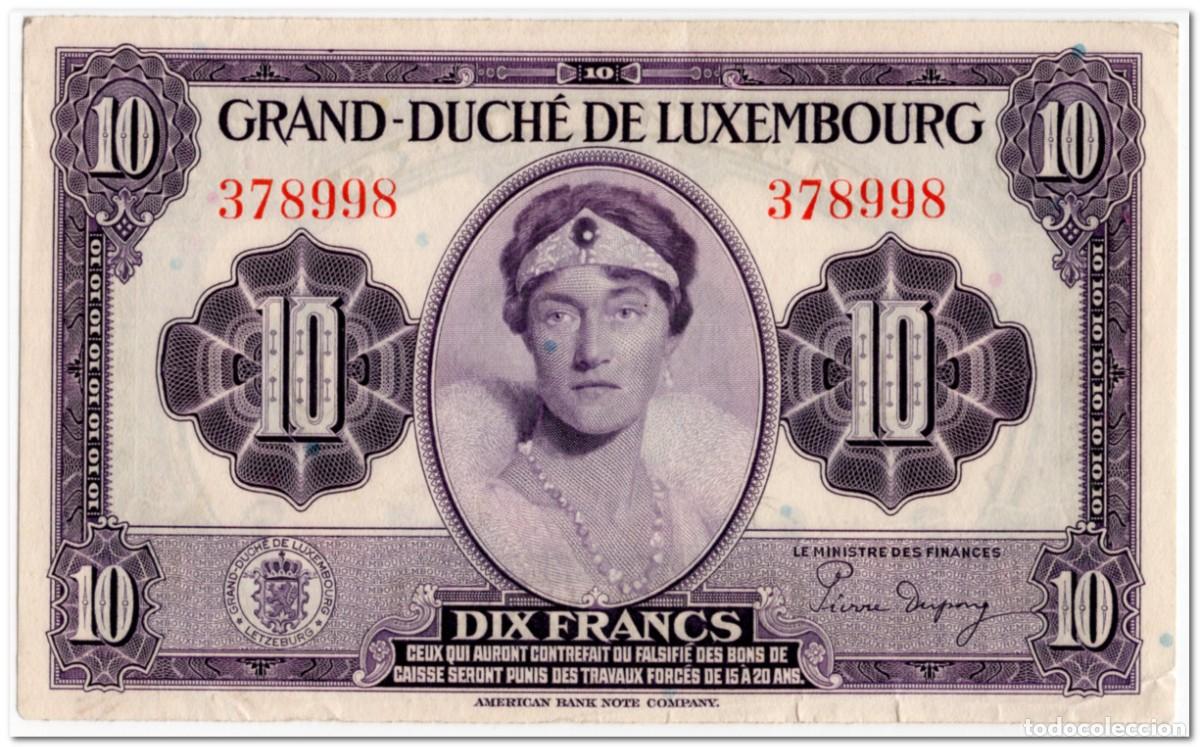 Billetes extranjeros: LUXEMBOURG,10 FRANCS,1944,P.44a,VF