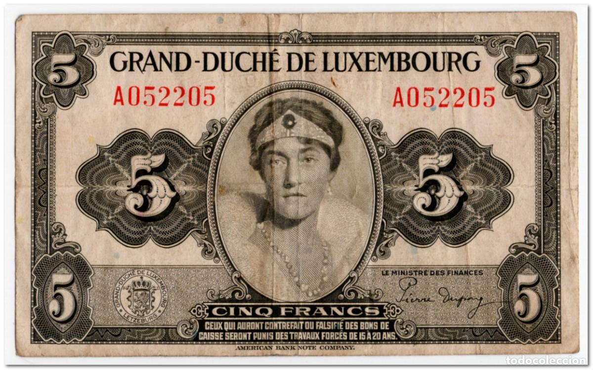 Billetes extranjeros: LUXEMBOUG,5 FRANCS,1944,P.43b,F-VF