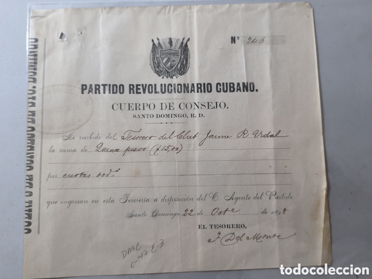 Billetes extranjeros: Cuba, guerra de cuba,recibo de entrega de fondos al partido,a&ntilde;o 1898
