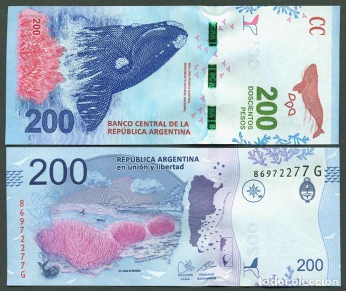 Billetes extranjeros: ARGENTINA. 200 pesos modelo 2016. Serie G. S/C. Fauna. Ballena.