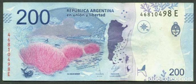 Billetes extranjeros: ARGENTINA. 200 pesos modelo 2016. Serie E. Fauna. Ballena.