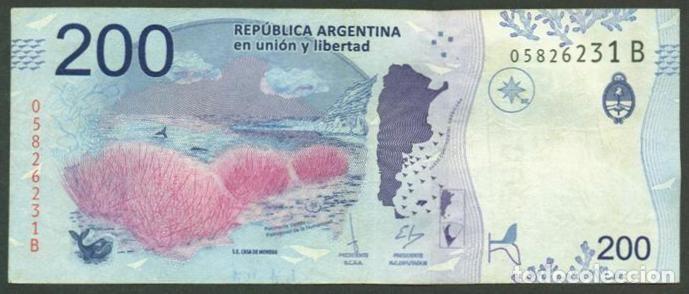 Billetes extranjeros: ARGENTINA. 200 pesos modelo 2016. Serie B. Fauna. Ballena.