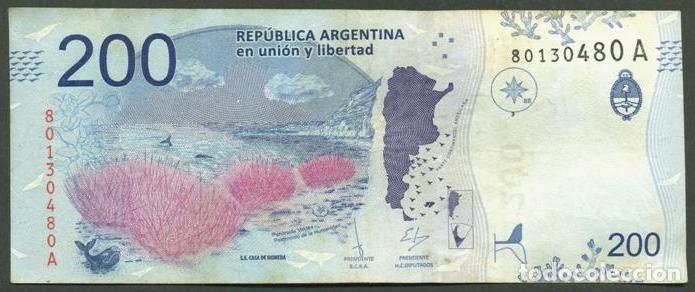 Billetes extranjeros: ARGENTINA. 200 pesos modelo 2016. Serie A. Fauna. Ballena.