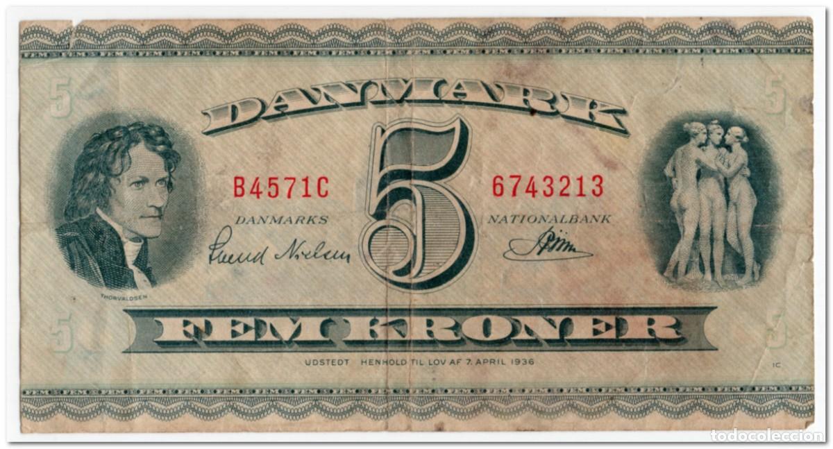 Billetes extranjeros: DENMARK,5 KRONER,1957,P.42j,aFINE
