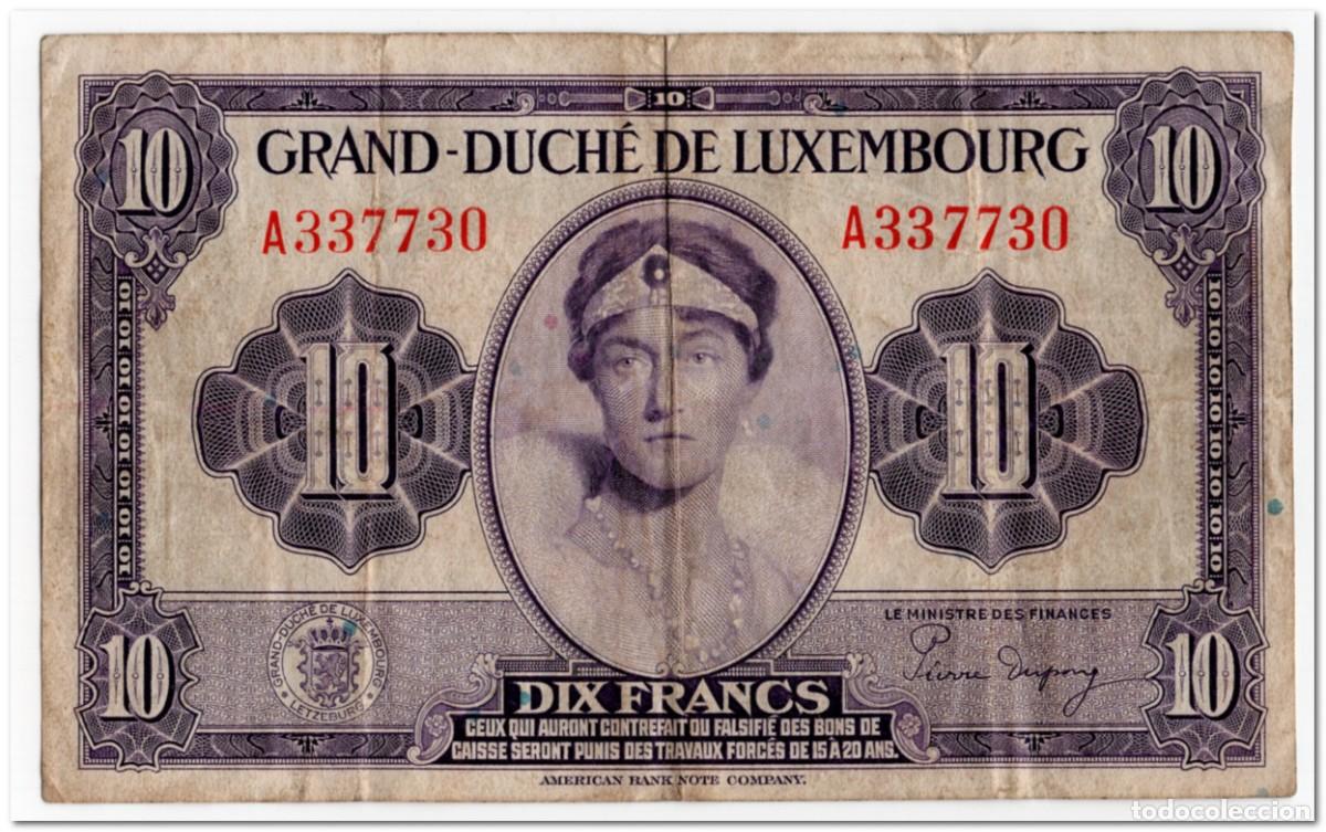 Billetes extranjeros: LUXEMBOURG,10 FRANCS,1944,P.44a,F+