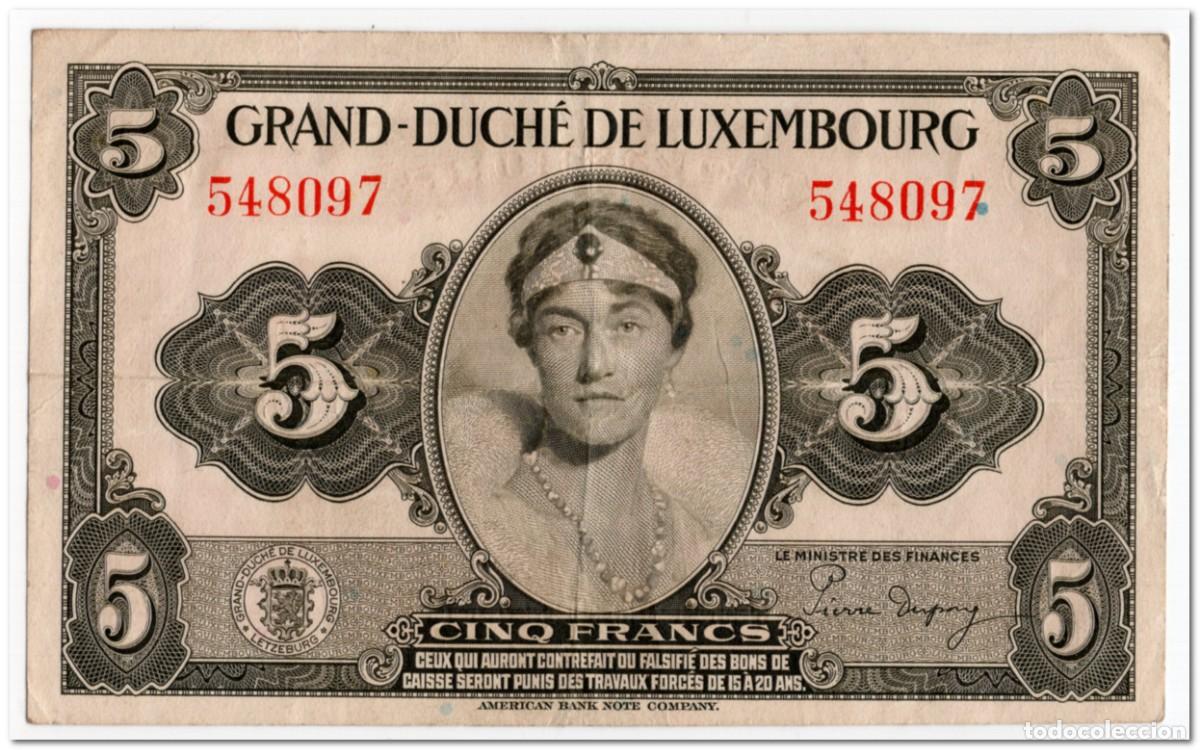 Billetes extranjeros: LUXEMBOURG,5 FRANCS,1944,P.43b,VF
