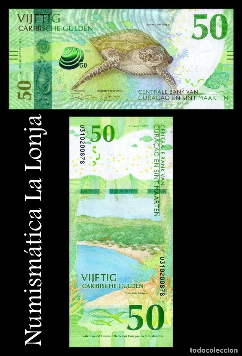 Billetes extranjeros: Curazao & St. Mart&iacute;n 50 Florines Tortuga marina 2025 Pick 3 Sc Unc