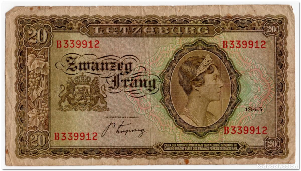 Billetes extranjeros: LUXEMBOURG,20 FRANCS,1943,P.42,FINE