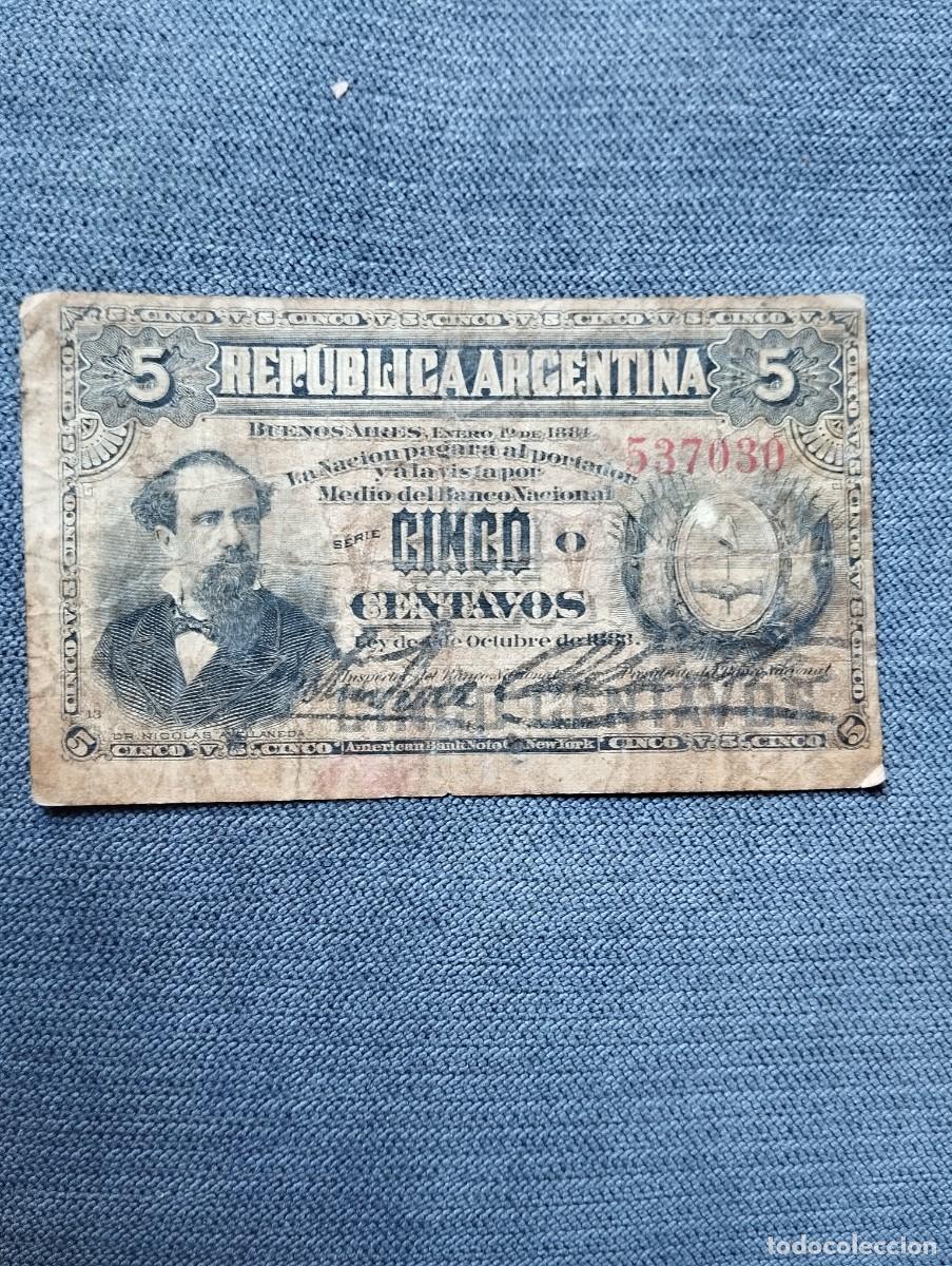 Billetes extranjeros: BILLETES DE 5 CENTAVOS USADO DE ARGENTINA A&Ntilde;O 1884 VER LAS FOTOS MIRAR TODOS MIS LOTES