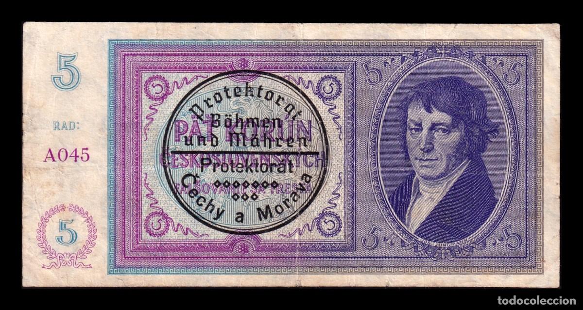 Billetes extranjeros: Bohemia & Moravia 5 Korun 1939 Pick 2b Bc/Mbc F/Vf