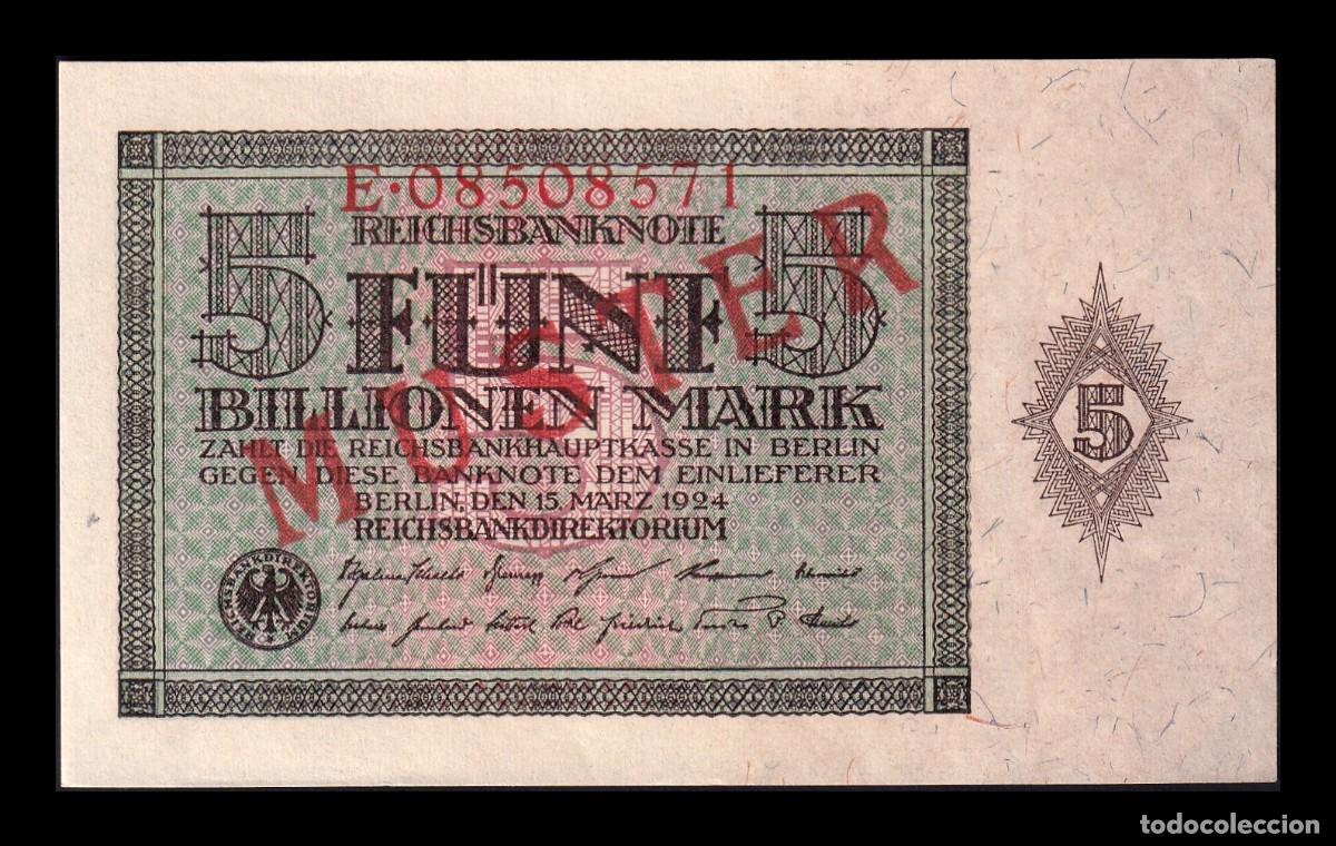 Billetes extranjeros: Alemania Reichsbank 5 Billones de Marcos 1924 Pick 141 Muestra Sc- aUnc