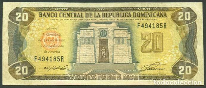 Billetes extranjeros: DOMINICANA Rep. Conmemorativo 20 pesos 1992. Pick 139. Quincentenario de descubrimiento.