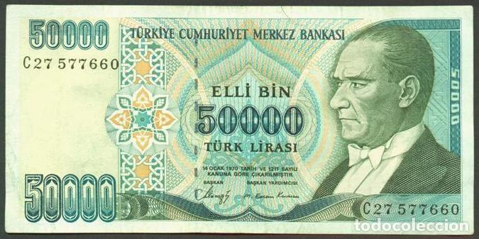 Billetes extranjeros: TURQUIA. 50000 liras L.1970 (1989). Serie C. Pick 203. Monumento de reverso en verde.