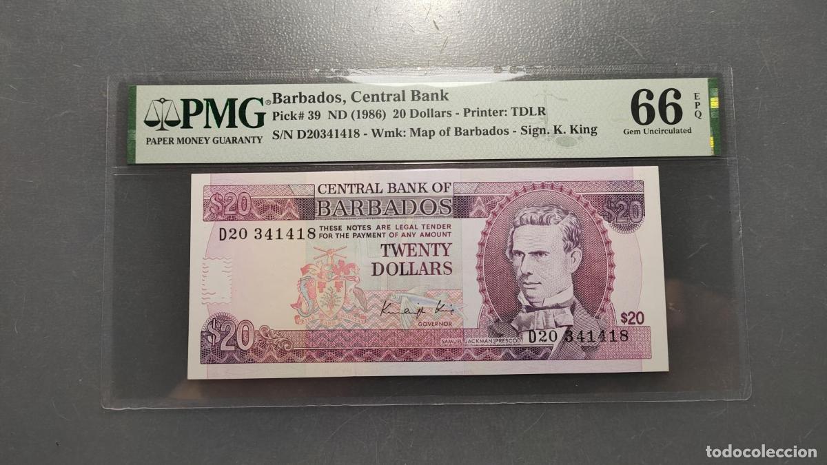 Billetes extranjeros: BARBADOS 20 DOLLARS 1986 P-39 SC UNC 66 EPQ