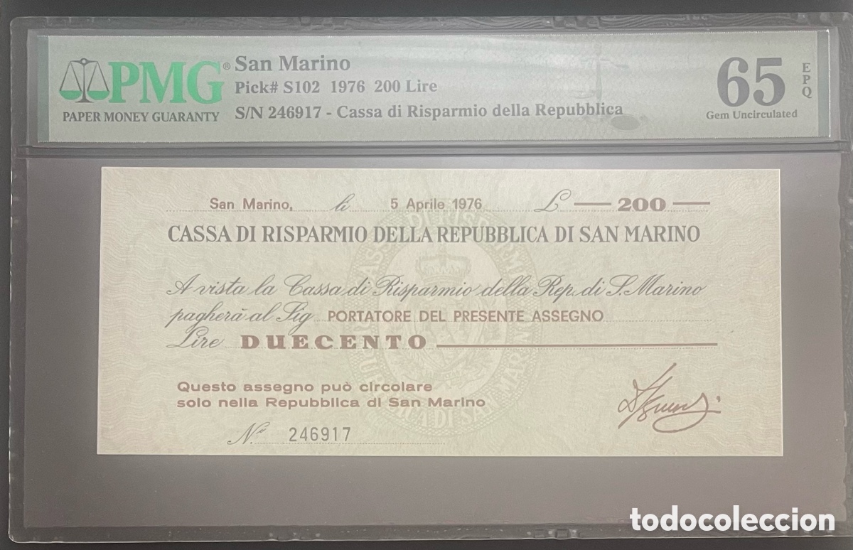 Billetes extranjeros: CMC SAN MARINO 200 LIRAS PICK S10 CERTIFICADO PMG 65 EPQ