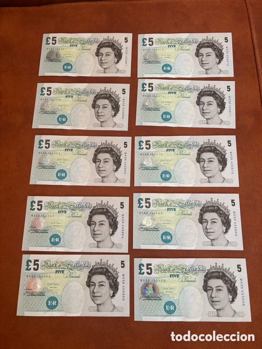 Billetes extranjeros: Colecci&oacute;n 17 billetes Bank of England &pound;5 &pound;10 &pound;20 &ndash; 10 consecutivos M56