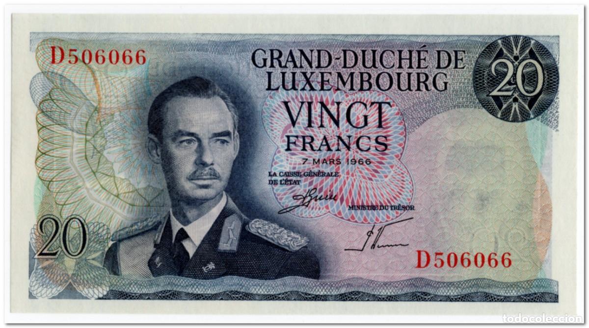 Billetes extranjeros: LUXEMBOURG,20 FRANCS,1966,P.54,XF+