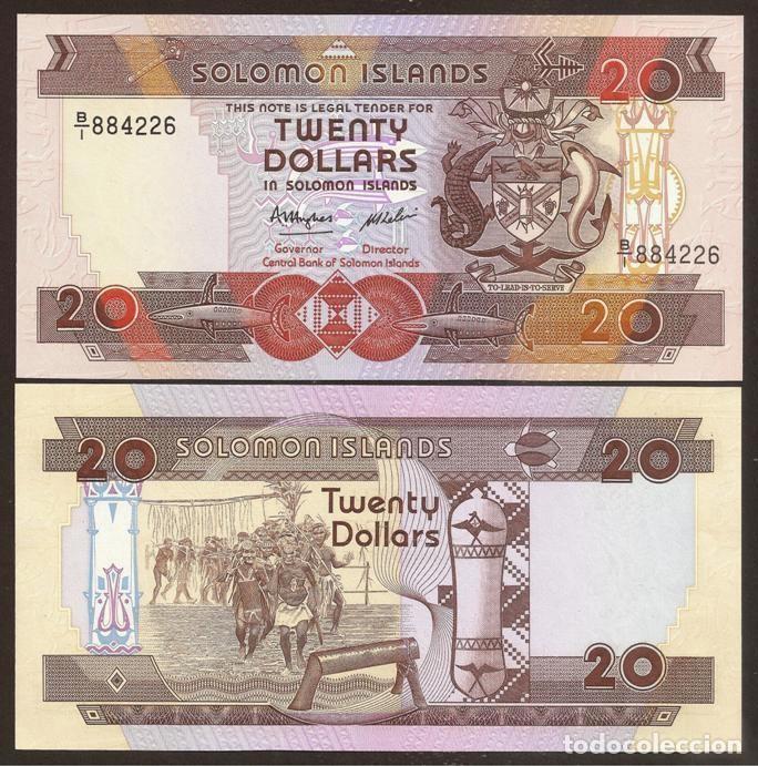 Billetes extranjeros: Islas Salomon (Solomon). 20 $ S/F (1986). Prefijo B/1. S/C. Ver firmas. Pick 16. Tama&ntilde;o 78 x 154 mm.