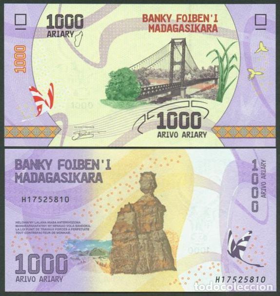 Billetes extranjeros: MADAGASCAR. Bonito 1000 Ariary 2017 (2025 ?). S/C. Fauna, flora. Nueva firma.