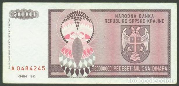 Billetes extranjeros: Republika Srpska Krajina. Knin. (Croacia en el Pick). 50000000 dinara 1993. Pick R14.