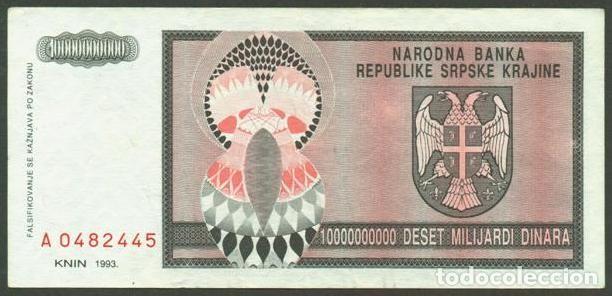 Billetes extranjeros: Republika Srpska Krajina. Knin. (Croacia en el Pick). 10000000000 dinara 1993. Pick R19.